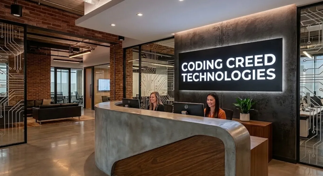 An AI-generated conceptual rendering of the Coding Creed Technologies front desk lobby, featuring a modern tech aesthetic.