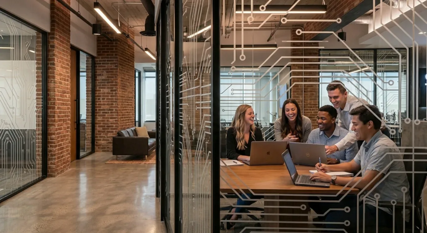 An AI-generated conceptual rendering of the Coding Creed Technologies team working at their desks, programming in TypeScript and React.